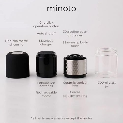  Minoto Electric Ceramic Conical Burr Coffee Grinder - 5 Adjustable Grind Settings - Whole Bean Mill for Aeropress, Drip Coffee, Espresso, French Press, Cold Brew - Portable & Trave