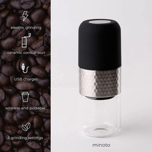  Minoto Electric Ceramic Conical Burr Coffee Grinder - 5 Adjustable Grind Settings - Whole Bean Mill for Aeropress, Drip Coffee, Espresso, French Press, Cold Brew - Portable & Trave