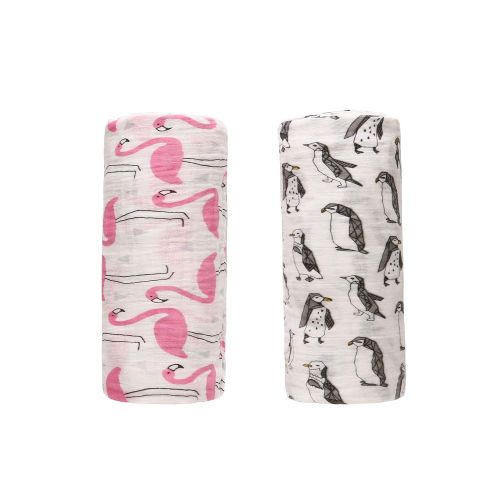  Miracle Baby Muslin Baby Swaddle Blanket 2-Pack, 47x47 100% Cotton Soft Unisex for Boys or Girls Printed Floral Nursing Receiving Swaddle Wrap Burp Cloth Stroller Cover (Flamingo + Penguin)