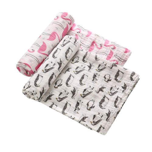  Miracle Baby Muslin Baby Swaddle Blanket 2-Pack, 47x47 100% Cotton Soft Unisex for Boys or Girls Printed Floral Nursing Receiving Swaddle Wrap Burp Cloth Stroller Cover (Flamingo + Penguin)