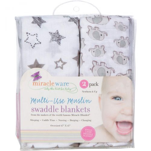  Miracle Blanket MiracleWare Muslin Swaddle Blanket 2 Pack (Grey Elephants & Grey Stars)