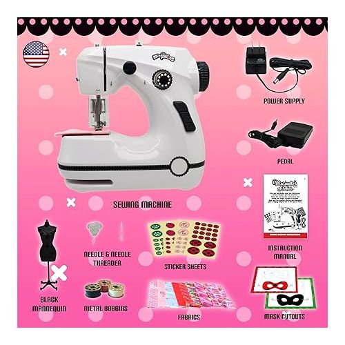  Miraculous Ladybug - Marinette's Mini Sewing Machine For Beginners And Kids, Dual Speed Portable Machine with Miraculous Fabric, Black Mannequin, Superhero Mask Cutouts, And Foot Pedal (Wyncor)