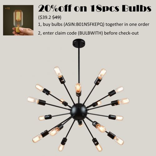  Mirrea mirrea Vintage Metal Large Dimmable Sputnik Chandelier with 18 Lights, Black Painted