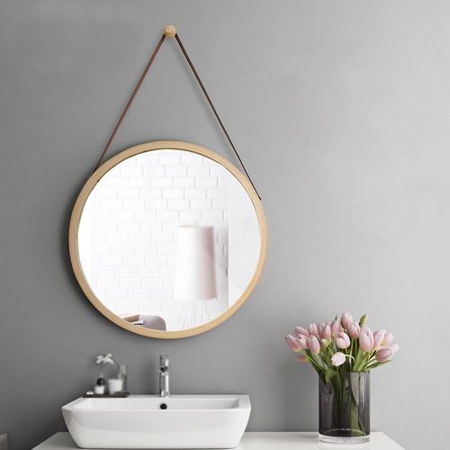  Mirror Nordic wall round wall mounted bathroom bathroom vanity makeup hanging (Color : Wooden, Size : 4545cm)