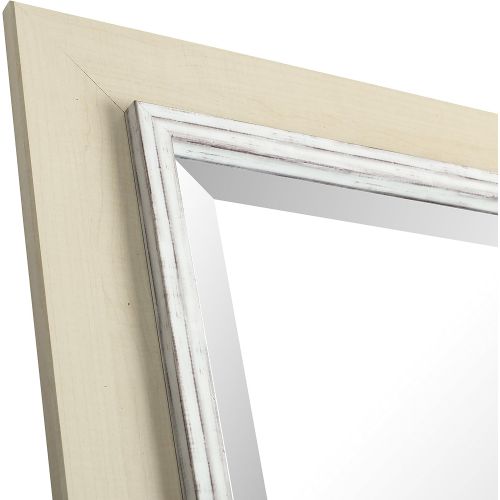  Mirrorize White Wash Hand Stained Wood Frame With Liner Beveled Mirror| Vanity,Hallway,Bathroom, Bedroom | 31.25x43.25 (Inner mirror 24X36)|White| Rectangle| Large Bevelled Mirror