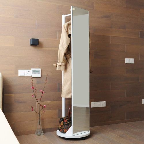  Mirrors Floor Dressing Coat Rack Wooden Fitting Full-Length Moving Floor Without Border 360 ° Rotation (Color : White, Size : 168.54530cm)