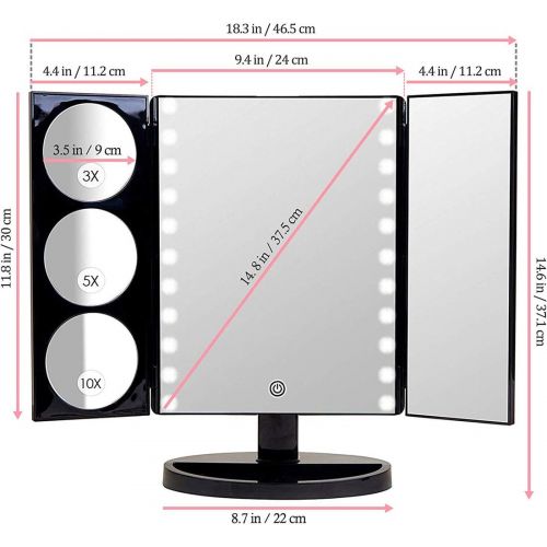  Mirrorvana X-Large LED Lighted Trifold Makeup Mirror - Battery and USB Powered - 1X, 3X, 5X & 10X Magnification