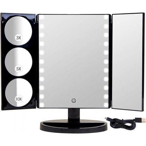  Mirrorvana X-Large LED Lighted Trifold Makeup Mirror - Battery and USB Powered - 1X, 3X, 5X & 10X Magnification