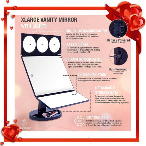  Mirrorvana X-Large LED Lighted Trifold Makeup Mirror - Battery and USB Powered - 1X, 3X, 5X & 10X Magnification