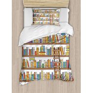Miss Sweetheart Modern Duvet Cover Sets King, Library Bookshelf with A Ladder School Education Campus Life Caricature Illustration 4 Pieces Bedding Set Bedspread with 2 Pillowcases for Boys Girls