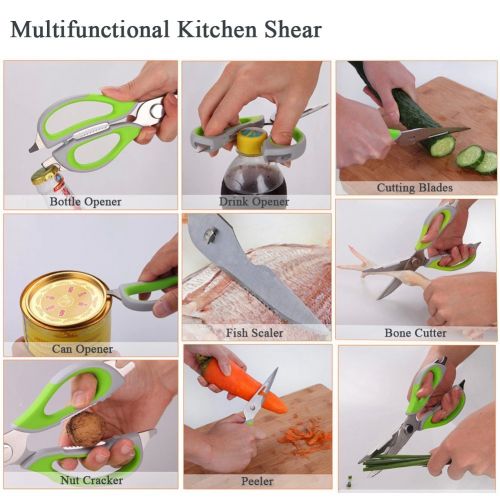  Misslemo Kitchen Shear, Kitchen Scissor Stainless Steel & Soft Grips with Convenient Magnetic Fridge Holder, Multifunction Scissors Offer Bottle Opener, Fish Scaler, Nut Cracker, Cutting Bo