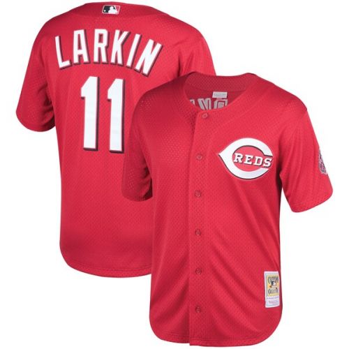  Mitchell & Ness Men's Cincinnati Reds Barry Larkin Mitchell & Ness Red Throwback Cooperstown Mesh Batting Practice Jersey