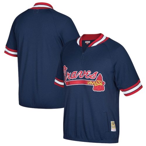  Mitchell & Ness Men's Atlanta Braves Mitchell & Ness Navy Cooperstown Collection Mesh Batting Practice Quarter-Zip Jersey