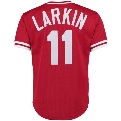  Mitchell & Ness Men's Cincinnati Reds Barry Larkin Mitchell & Ness Red Fashion Cooperstown Collection Mesh Batting Practice Jersey