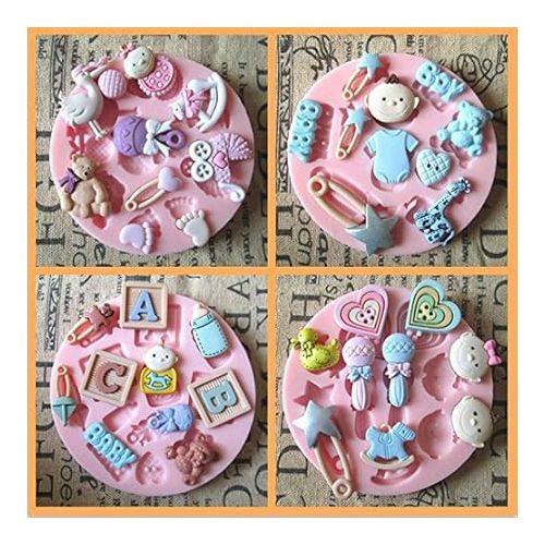  Baby Shower Theme Mini Cake Fondant Mold,Cake Decorating Mold,Gummy Sugar Chocolate Candy Cupcake Mold,Set of 4