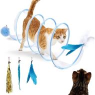 Mity rain Cat Tunnels for Indoor Cats，S Type Foldable Cat Tunnel Toy,Decompression Interactive Cat Springs Toys with Cat Ribbon/Bell/Feather/Pom pom Balls Blue