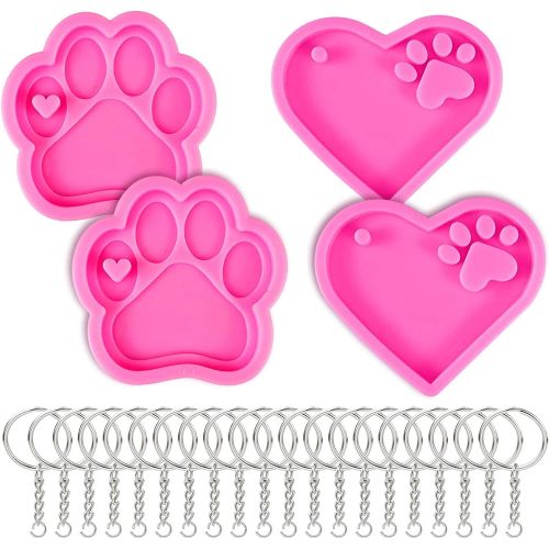  [아마존베스트]Mity rain 4 Pcs Love Paw Print Keychain Silicone Resin Molds Heart Bear Dog Paw Candy Fondant Mold with 20 Pcs Keyrings for Valentines Day Keychain, Bag Tag Polymer Clay Cake Decor