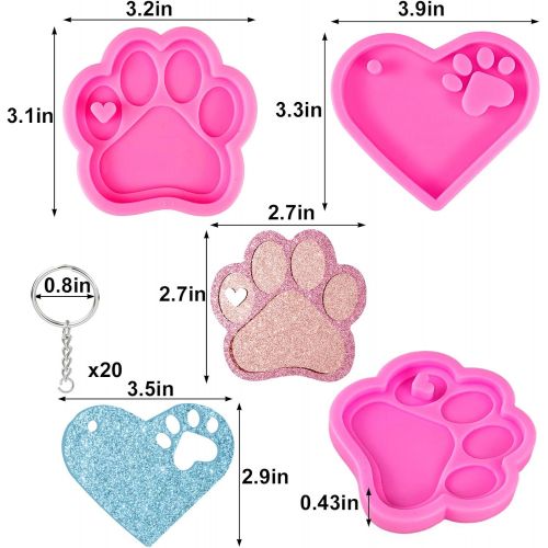  [아마존베스트]Mity rain 4 Pcs Love Paw Print Keychain Silicone Resin Molds Heart Bear Dog Paw Candy Fondant Mold with 20 Pcs Keyrings for Valentines Day Keychain, Bag Tag Polymer Clay Cake Decor