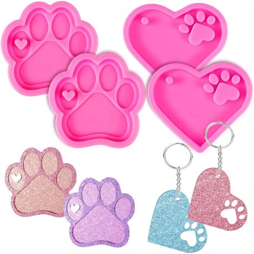  [아마존베스트]Mity rain 4 Pcs Love Paw Print Keychain Silicone Resin Molds Heart Bear Dog Paw Candy Fondant Mold with 20 Pcs Keyrings for Valentines Day Keychain, Bag Tag Polymer Clay Cake Decor