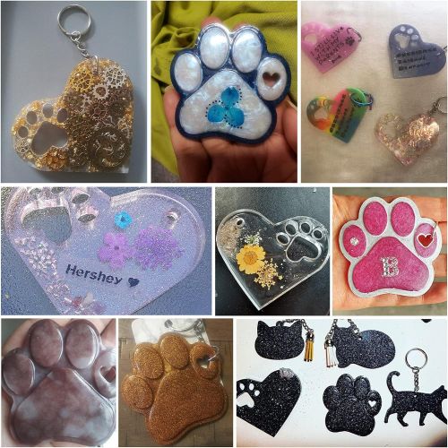  [아마존베스트]Mity rain 4 Pcs Love Paw Print Keychain Silicone Resin Molds Heart Bear Dog Paw Candy Fondant Mold with 20 Pcs Keyrings for Valentines Day Keychain, Bag Tag Polymer Clay Cake Decor