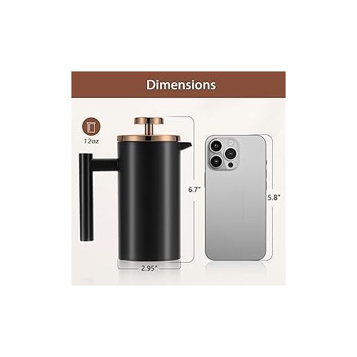  Black Coffee Press, Stainless Steel French Press Coffee Maker, Double Wall Insulated French Press 350ml/12oz with 2 Filter Mesh Small Coffee Pot(12oz, Black)