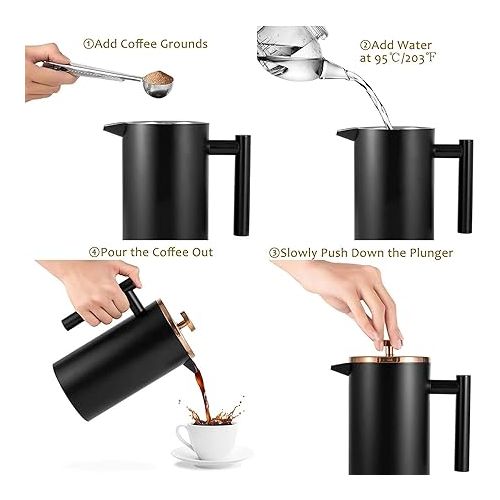  Black Coffee Press, Stainless Steel French Press Coffee Maker, Double Wall Insulated French Press 350ml/12oz with 2 Filter Mesh Small Coffee Pot(12oz, Black)