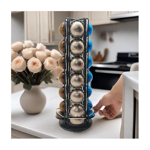  Coffee Capsule Holder For Nespresso Vertuoline , Coffee Capsule Stands Rotating Pod Rack holds 28 Nespresso Vertuo Pods, Black