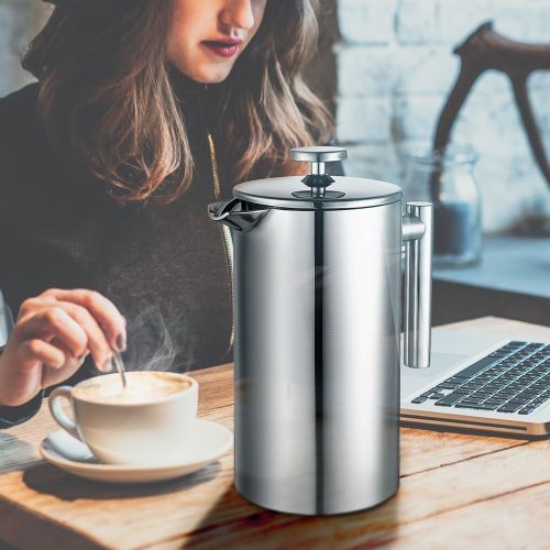  [아마존베스트]Miuly French Press Coffee Maker, Double Wall 18/8 Stainless Steel Coffee & Tea Maker, 1.5L / 50 OZ-Bonus with Two Extra Filter Screens