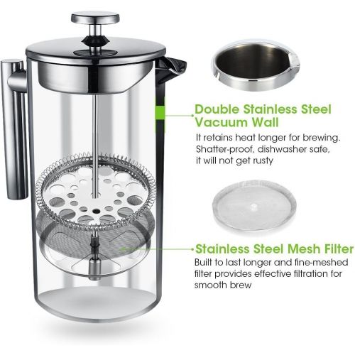  [아마존베스트]Miuly French Press Coffee Maker, Double Wall 18/8 Stainless Steel Coffee & Tea Maker, 1.5L / 50 OZ-Bonus with Two Extra Filter Screens