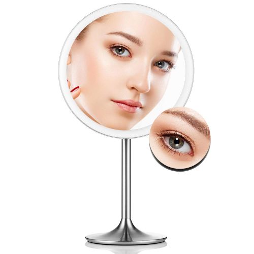  Miusco 9 Lighted Makeup Vanity Mirror Pro, 5X + 10X Magnification, Ultra Bright HD Lighting System, Rechargable & Cordless, Adjustable Brightness, Touch Activated, Brush Stainless