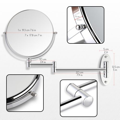  Miusco 7X Magnifying Two Sided Vanity Makeup Mirror, 8 inch, Wall Mount, Round, Chrome