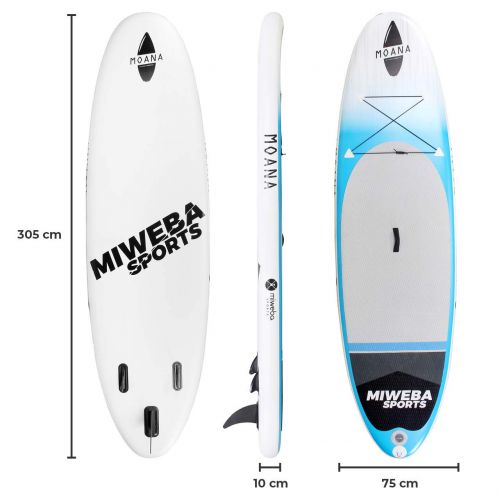  Miweba Sports Stand Up Paddling Board aufblasbar - Double Layer PVC - bis 180 kg Tragkraft - 3 Finnen - Doppelhub Pumpe - 325x85x15 cm & 300x75x10 cm