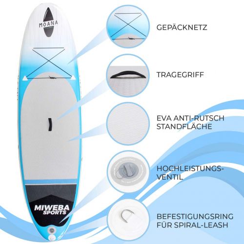  Miweba Sports Stand Up Paddling Board aufblasbar - Double Layer PVC - bis 180 kg Tragkraft - 3 Finnen - Doppelhub Pumpe - 325x85x15 cm & 300x75x10 cm