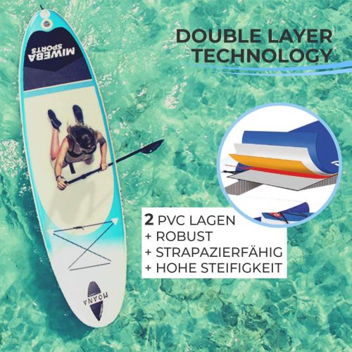  Miweba Sports Stand Up Paddling Board aufblasbar - Double Layer PVC - bis 180 kg Tragkraft - 3 Finnen - Doppelhub Pumpe - 325x85x15 cm & 300x75x10 cm