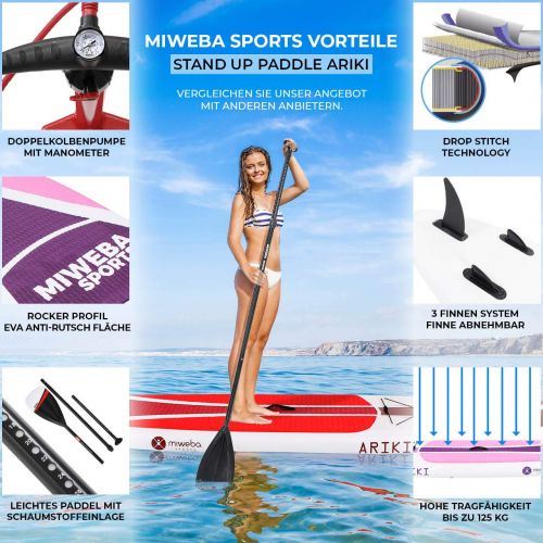  Miweba Sports Stand Up Paddling Board aufblasbar - Bis 125 kg Tragkraft - 3 Finnen - Doppelhub Pumpe - 325x86x15 cm - 325x76x10 cm - Kids 230x65x10 cm