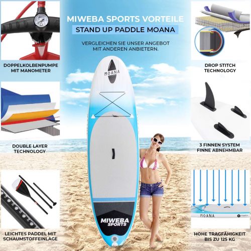  Miweba Sports Stand Up Paddling Board aufblasbar - Double Layer PVC - bis 180 kg Tragkraft - 3 Finnen - Doppelhub Pumpe - 325x85x15 cm & 300x75x10 cm