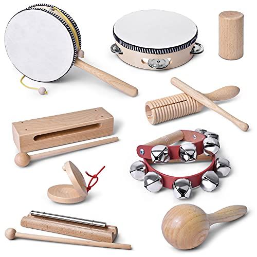  [아마존베스트]mixi Musical Instruments Toys for Toddlers, Wooden Percussion Instruments for Toddlers 1-3 with Storage Bag, Eco Friendly Drum Set for Kids and Toddlers