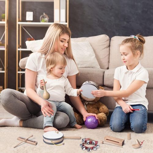  [아마존베스트]mixi Musical Instruments Toys for Toddlers, Wooden Percussion Instruments for Toddlers 1-3 with Storage Bag, Eco Friendly Drum Set for Kids and Toddlers