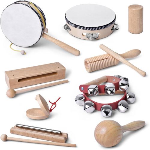  [아마존베스트]mixi Musical Instruments Toys for Toddlers, Wooden Percussion Instruments for Toddlers 1-3 with Storage Bag, Eco Friendly Drum Set for Kids and Toddlers