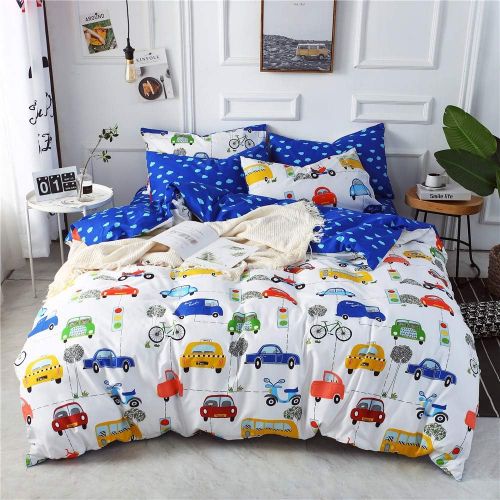  mixinni Sports Car Kids Duvet Cover Set, Various Types of Vehicles Bus Truck Garbage Truck Vibrant Colored Design 100% Soft Cotton Bedding Set, Great Gift for Girls Boys Teens(3pcs