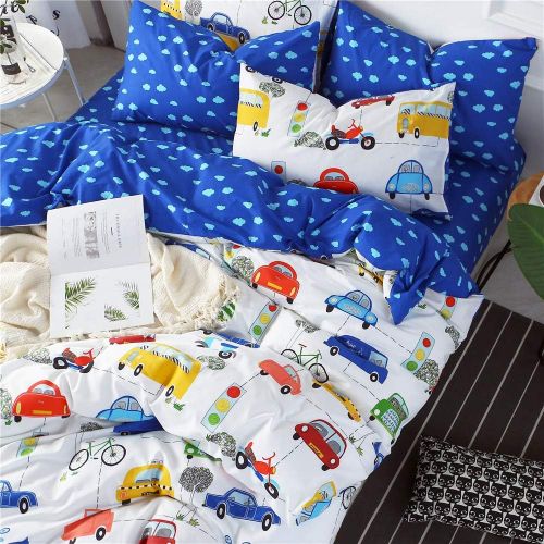  mixinni Sports Car Kids Duvet Cover Set, Various Types of Vehicles Bus Truck Garbage Truck Vibrant Colored Design 100% Soft Cotton Bedding Set, Great Gift for Girls Boys Teens(3pcs