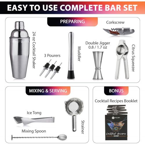  Mixologist World 24 oz Professional Cocktail Shaker Set - Mixology Bartender Kit with Stand - Home Bar Accessories Set 12 Pieces Drink Shaker with Martini Mimosa Recipes - Best Gif