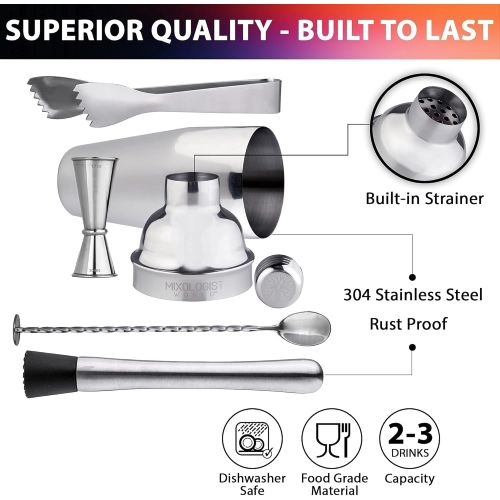  [아마존베스트]Mixologist World Mixology Cocktail Shaker with Recipes - 5 pieces Bartender Set 24 oz Bar Tool Kit Accessories - Stainless Steel Drink Mixer Built-in Strainer, Muddler, Mixing Spoon, Measuring Jigg