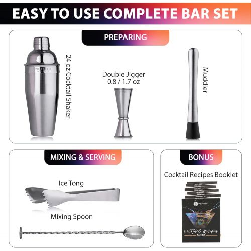  [아마존베스트]Mixologist World Mixology Cocktail Shaker with Recipes - 5 pieces Bartender Set 24 oz Bar Tool Kit Accessories - Stainless Steel Drink Mixer Built-in Strainer, Muddler, Mixing Spoon, Measuring Jigg