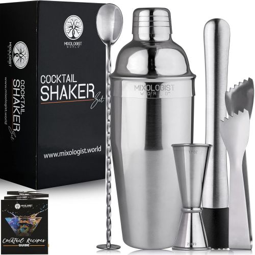  [아마존베스트]Mixologist World Mixology Cocktail Shaker with Recipes - 5 pieces Bartender Set 24 oz Bar Tool Kit Accessories - Stainless Steel Drink Mixer Built-in Strainer, Muddler, Mixing Spoon, Measuring Jigg