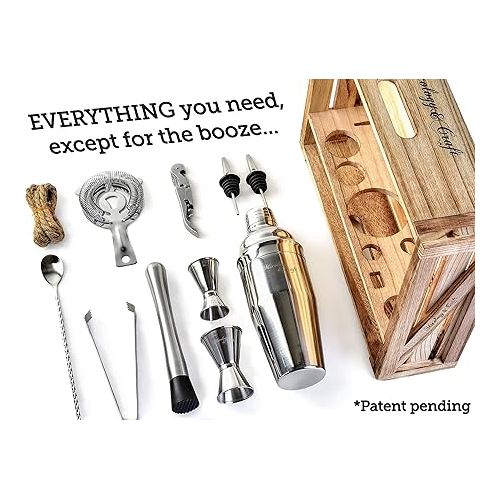  Mixology Bartender Kit: 11-Piece Bar Tool Set with Rustic Wood Stand | Perfect Home Bartending Kit and Cocktail Shaker Set for a True Drink Mixing Experience | Fun Housewarming Gift Idea (Silver)