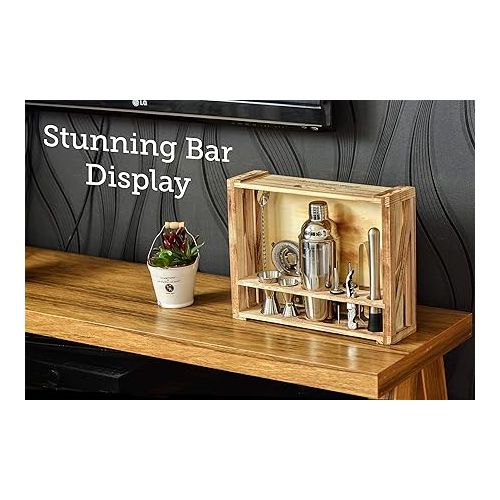  Mixology Bartender Kit: 11-Piece Bar Tool Set with Rustic Wood Stand | Perfect Home Bartending Kit and Cocktail Shaker Set for a True Drink Mixing Experience | Fun Housewarming Gift Idea (Silver)