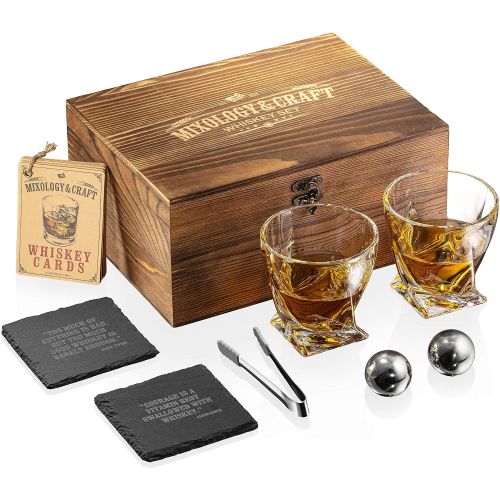  [아마존베스트]Mixology & Craft Whiskey Stones Gift Set for Men | Whiskey Decanter with Glasses Set and Wooden Box, 2 Stainless Steel Whiskey Balls and 10oz Whiskey Glasses | Whiskey Decanter Set For Men, Dad, Hu