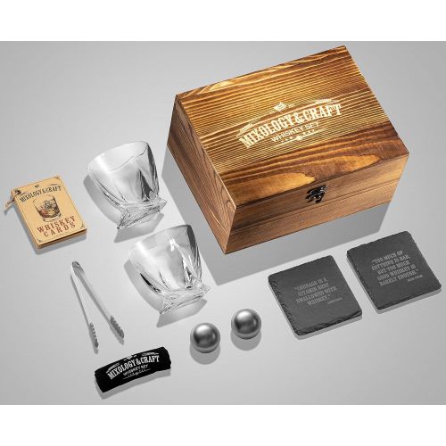  [아마존베스트]Mixology & Craft Whiskey Stones Gift Set for Men | Whiskey Decanter with Glasses Set and Wooden Box, 2 Stainless Steel Whiskey Balls and 10oz Whiskey Glasses | Whiskey Decanter Set For Men, Dad, Hu