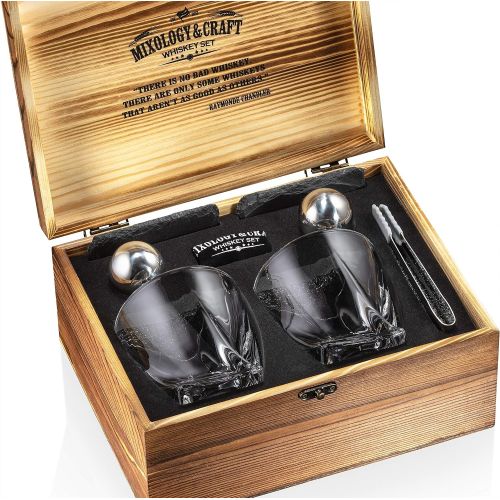  [아마존베스트]Mixology & Craft Whiskey Stones Gift Set for Men | Whiskey Decanter with Glasses Set and Wooden Box, 2 Stainless Steel Whiskey Balls and 10oz Whiskey Glasses | Whiskey Decanter Set For Men, Dad, Hu